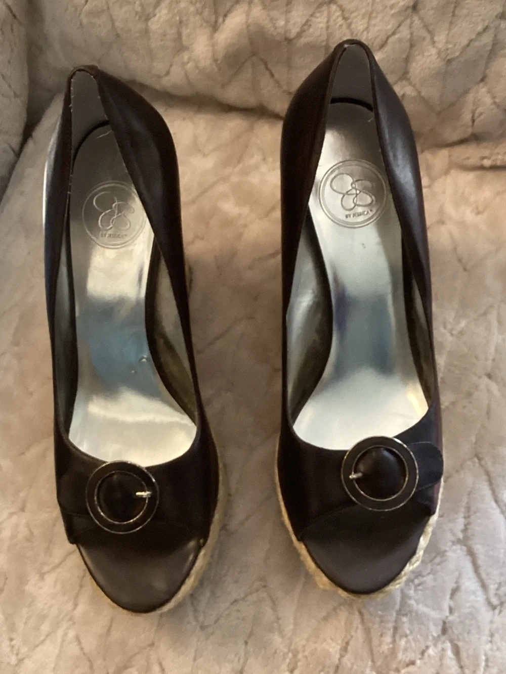 Jessica Simpson Brown Peep-Toe Wedge Sandals with Buckle